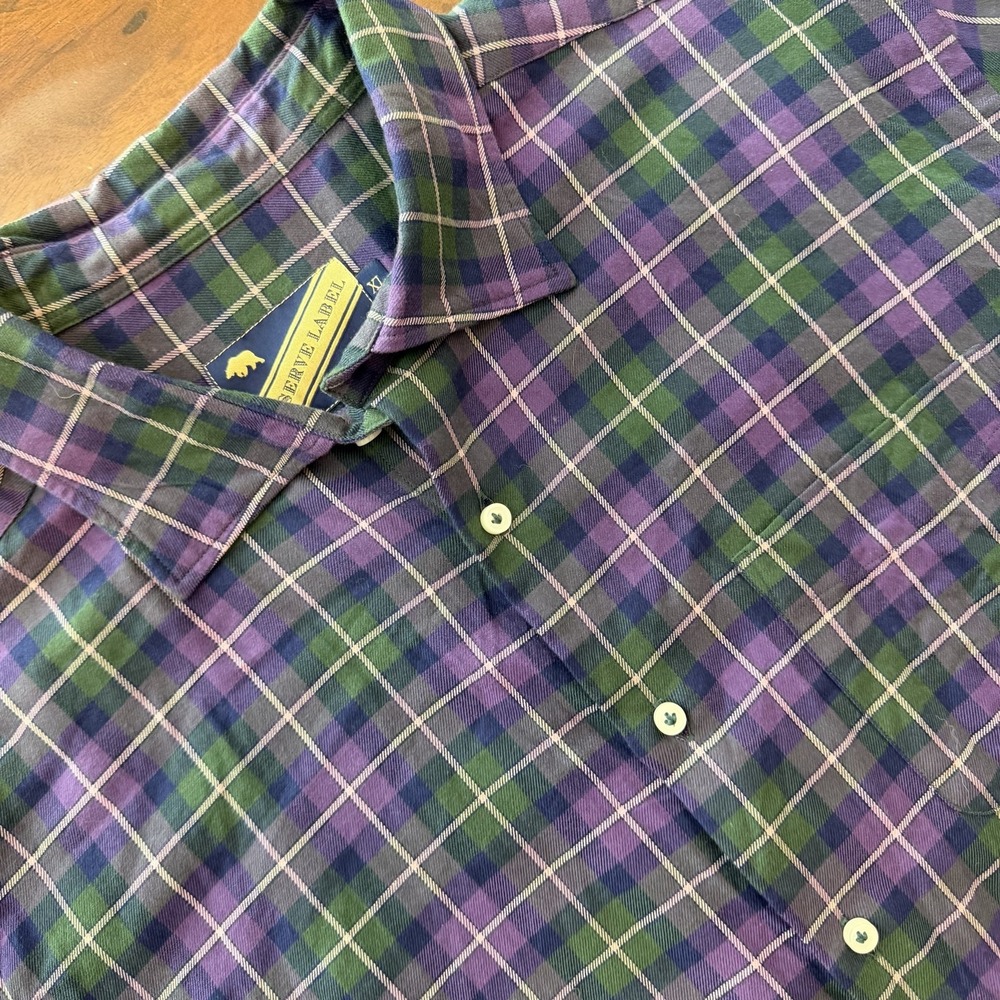 Onward Reserve Shirt Mens XL Purple Green Plaid Flannel Long Sleeve Button Up